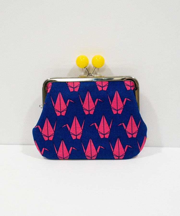 Crane Print Double Kiss Lock Coin Purse – Handmade Japanese Wallet with Outside Pocket