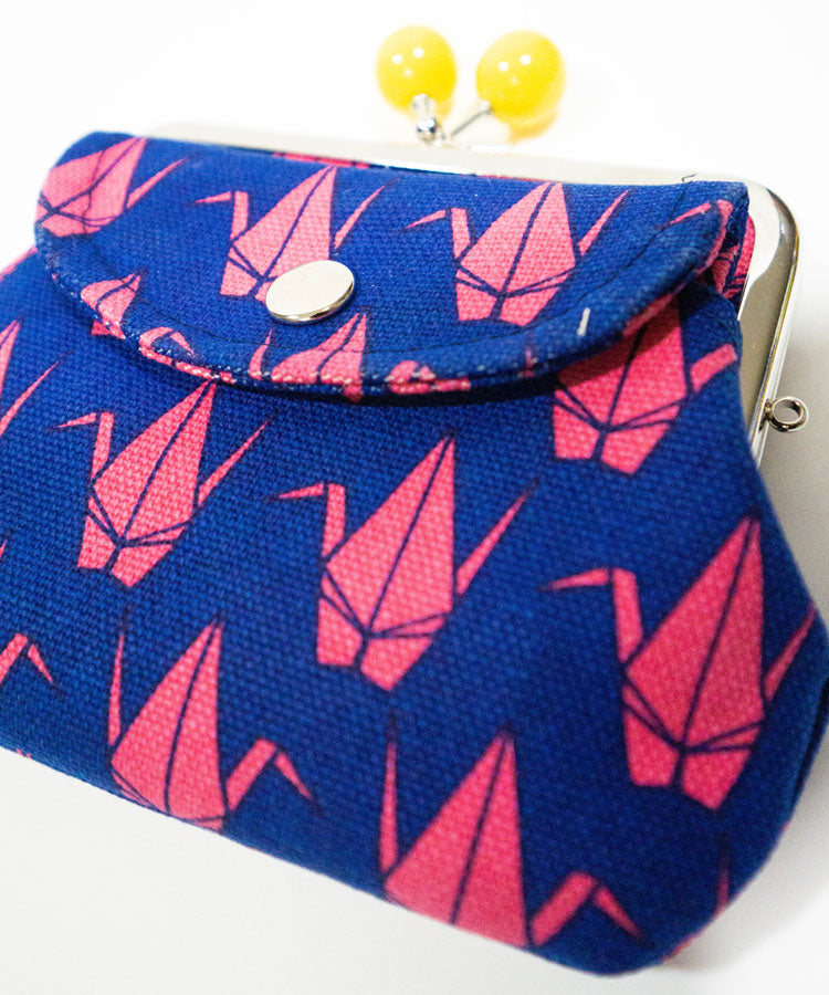 Crane Print Double Kiss Lock Coin Purse – Handmade Japanese Wallet with Outside Pocket