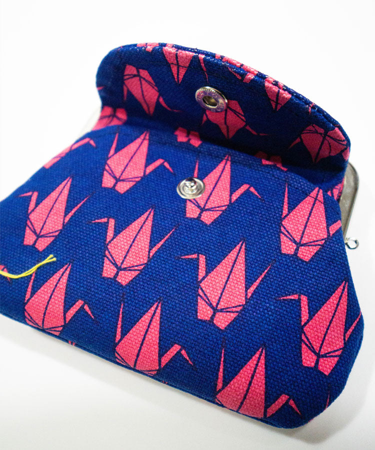 Crane Print Double Kiss Lock Coin Purse – Handmade Japanese Wallet with Outside Pocket
