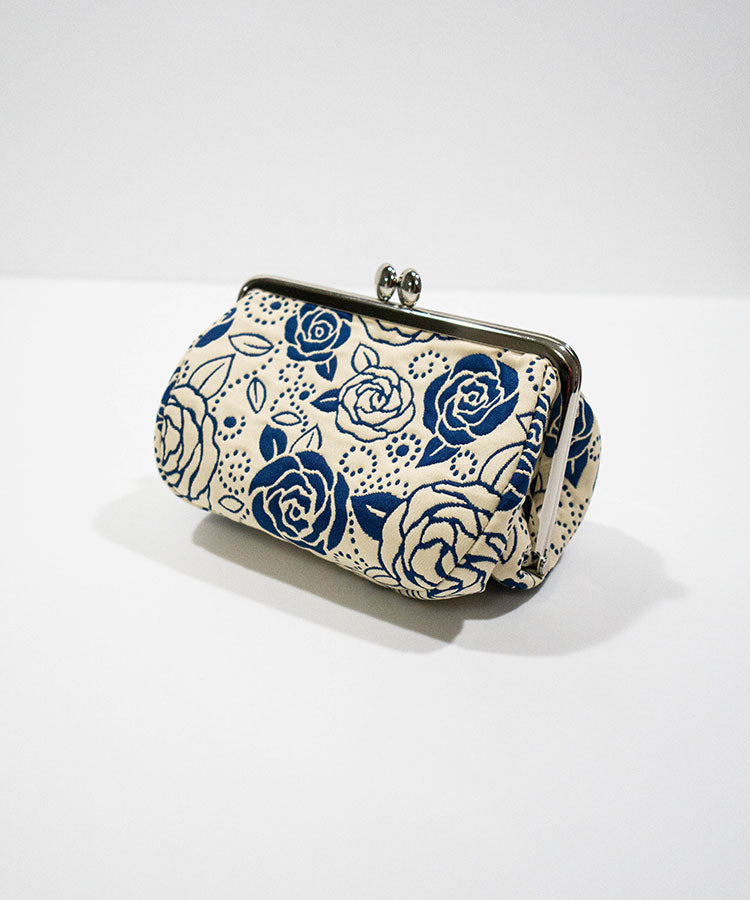 Light Beige Base with Blue Rose Weaved Metal Kiss Lock Purse / Gamaguchi Japanese Bags