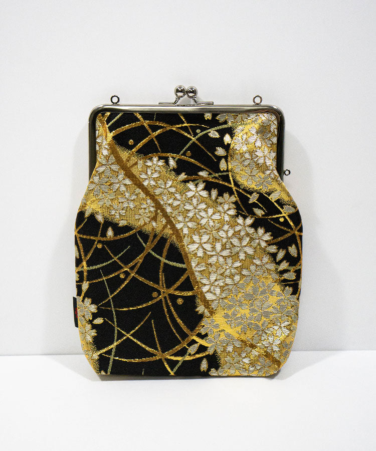 Night Sakura – Kinran Fabric Shoulder Gamaguchi Bag, Black & Gold Japanese Floral Purse
