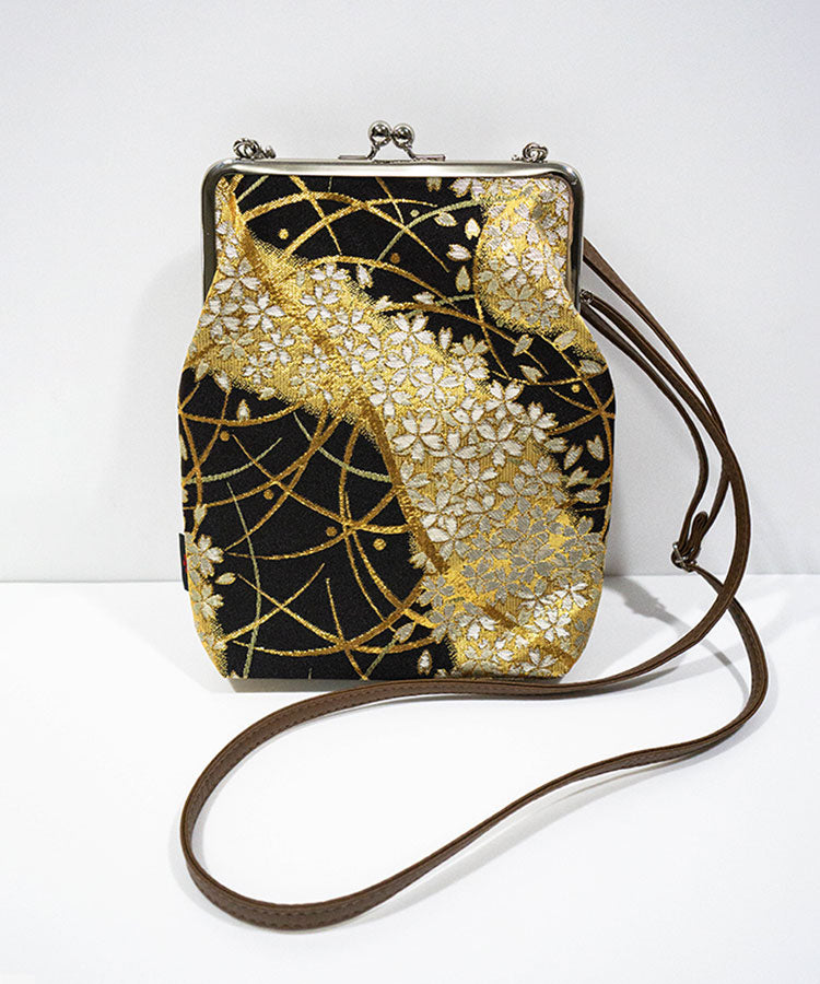 Handmade Japanese shoulder gamaguchi bag in black Kinran fabric with gold floral design