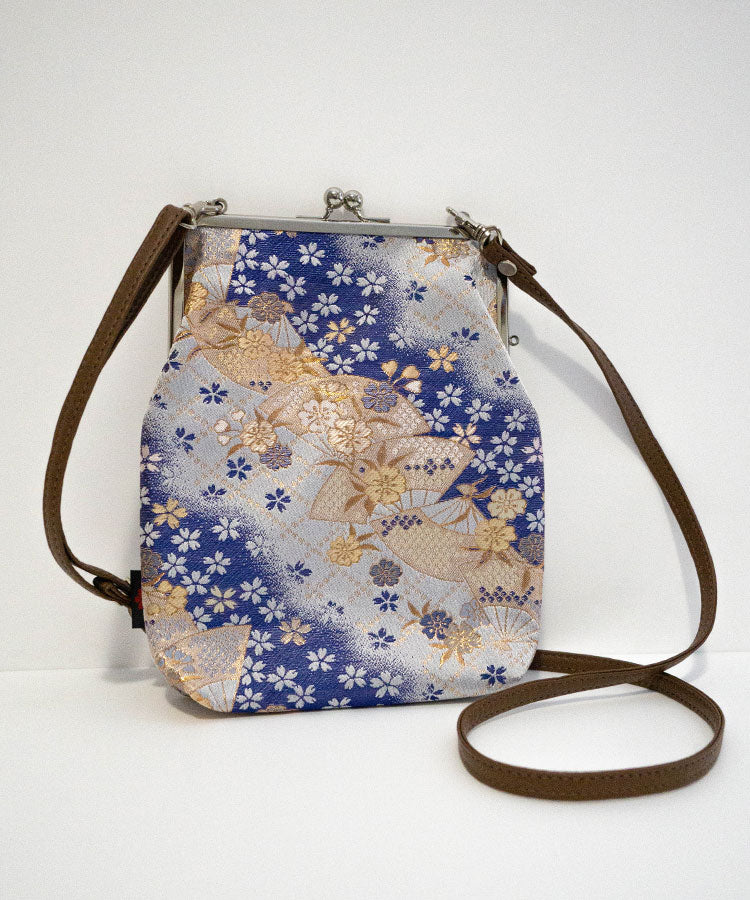 Kyoto-made shoulder gamaguchi bag crafted from blue Kinran brocade with floral and fan motifs