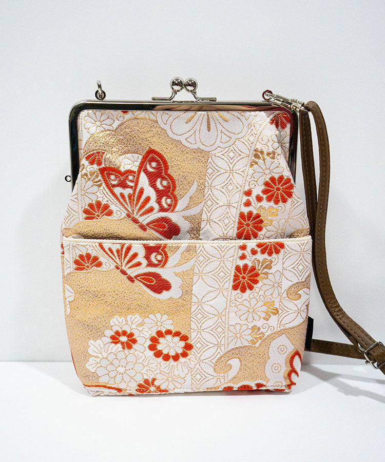 Crimson Butterfly – Kinran Fabric Shoulder Gamaguchi Bag, Red Floral Japanese Purse with Butterfly