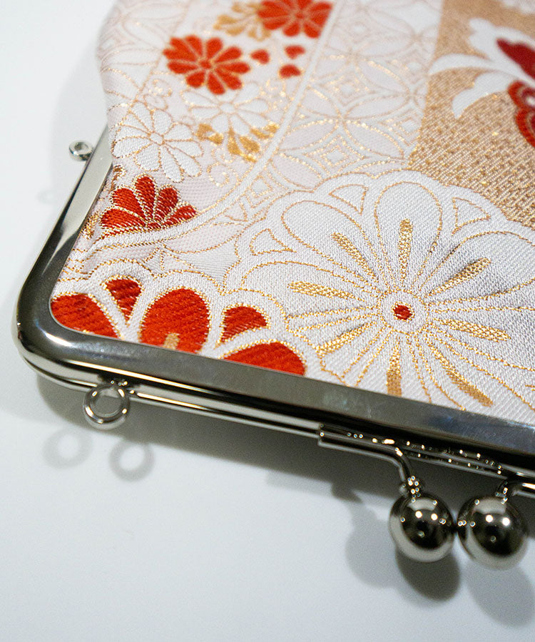 Crimson Butterfly – Kinran Fabric Shoulder Gamaguchi Bag, Red Floral Japanese Purse with Butterfly