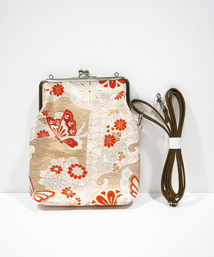 Crimson Butterfly – Kinran Fabric Shoulder Gamaguchi Bag, Red Floral Japanese Purse with Butterfly
