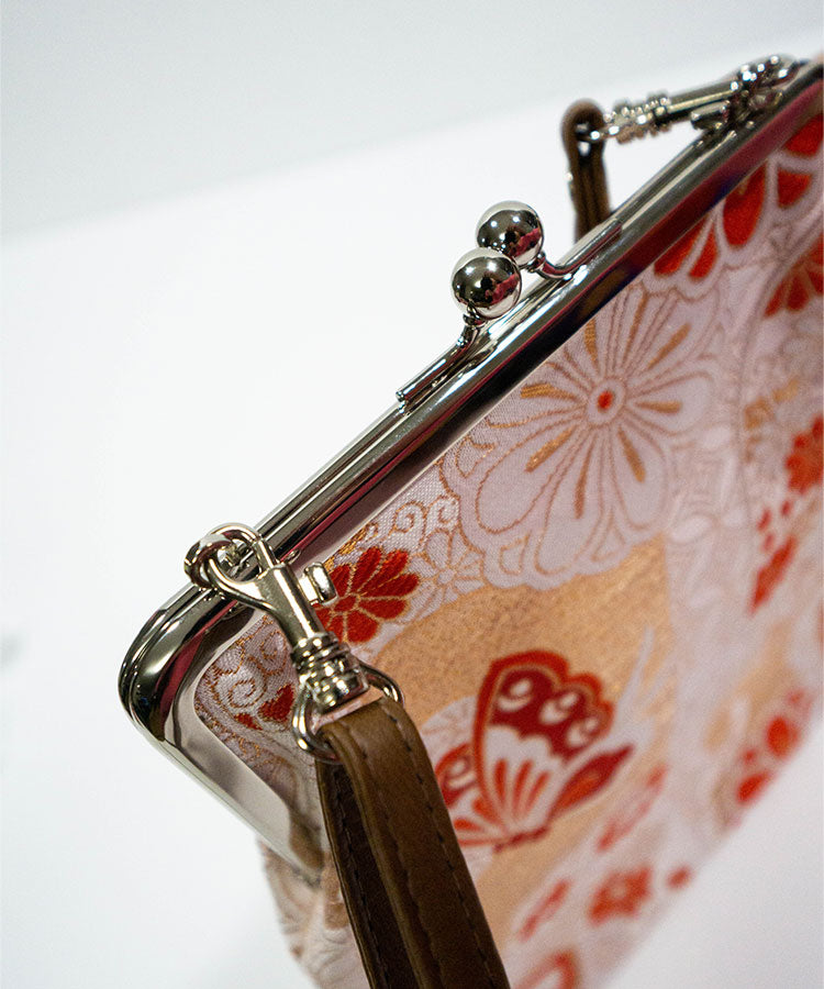 Crimson Butterfly – Kinran Fabric Shoulder Gamaguchi Bag, Red Floral Japanese Purse with Butterfly