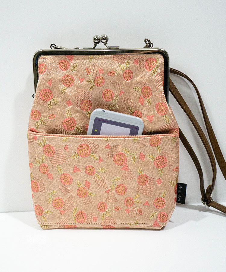 Handmade Japanese shoulder clasp bag in pink Kinran brocade rose pattern, showing outer pocket