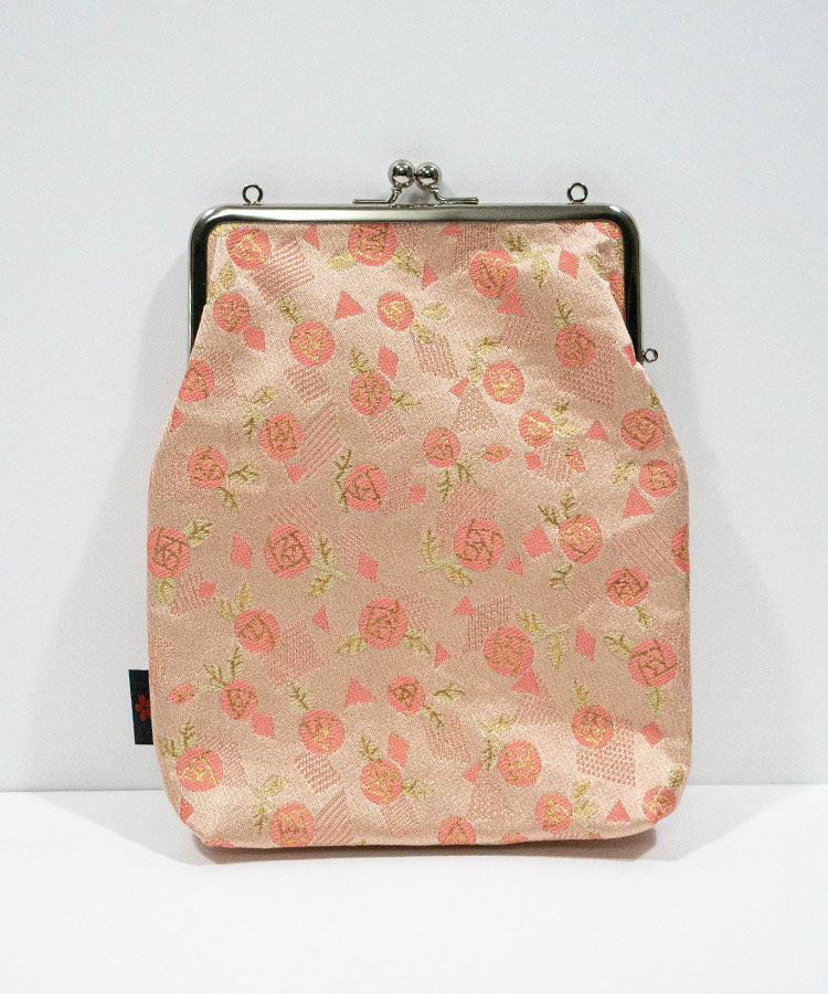 Front view of pink rose Kinran fabric Japanese shoulder gamaguchi bag
