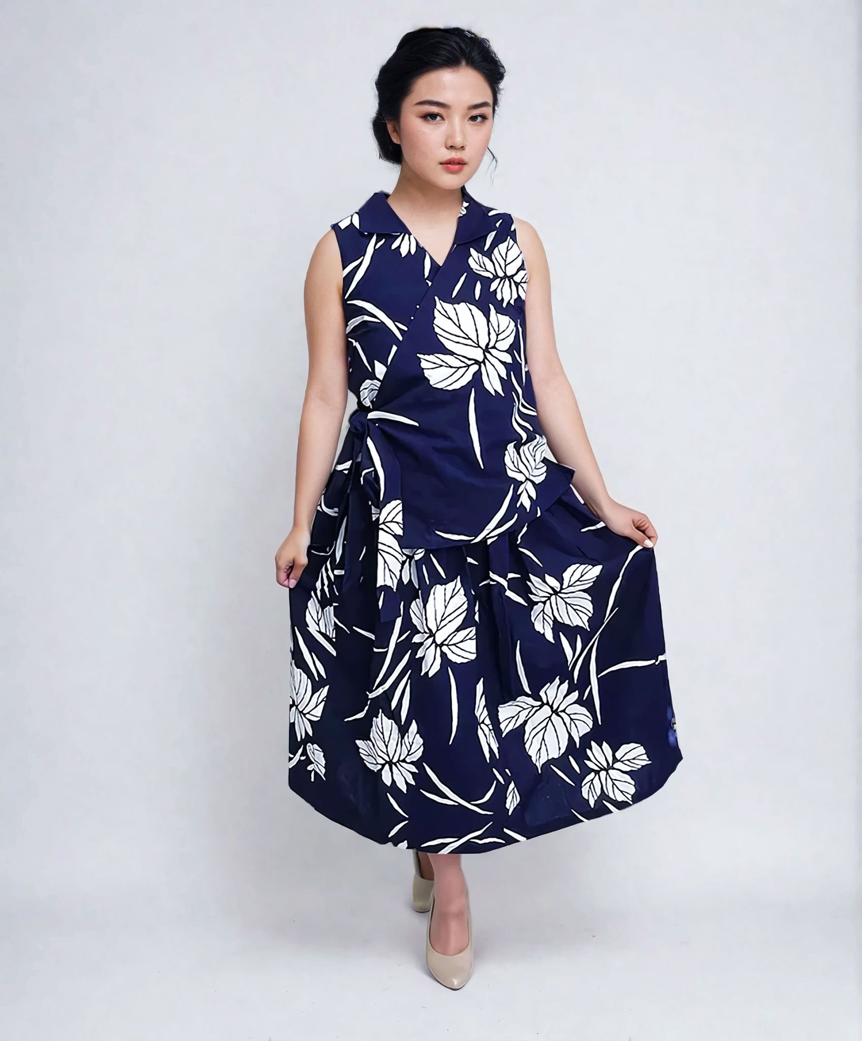Upcycled Yukata Set – Indigo Floral Wrap Top & Skirt (Kanata Collaboration)