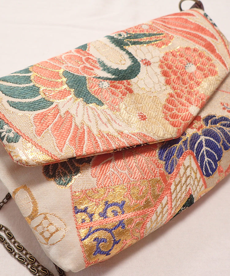 Vintage Kimono Obi Detachable Crossbody Bag / Orange & Green Bird Japanese Shoulder Bag