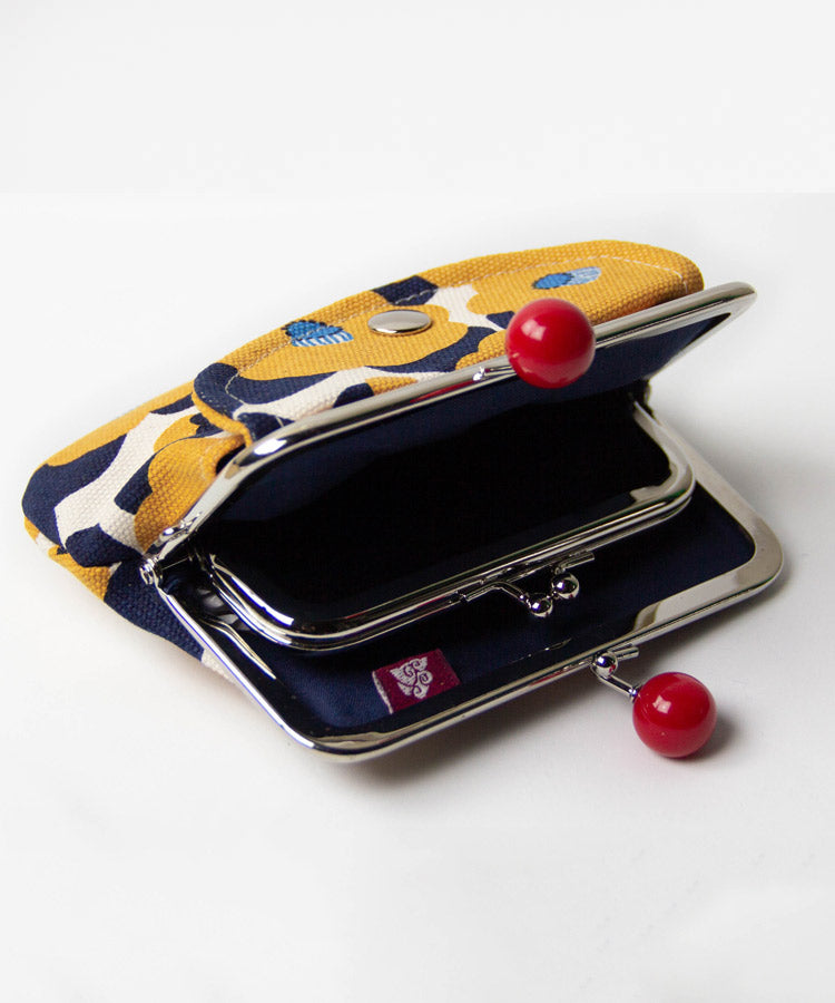 Yellow Camellia Double Clasp Coin Purse / Gamaguchi Japanese Coin Purse