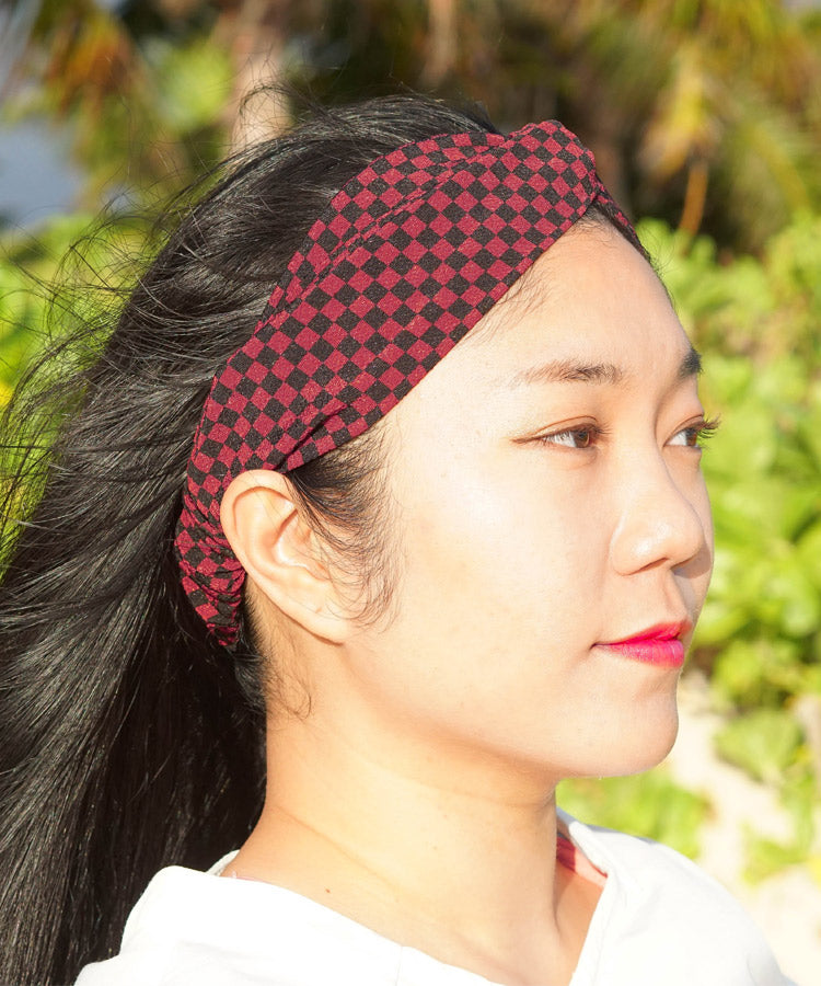Red Ichimatsu Monyo Pattern Headband / Chirimen Japanese Fabric Headband