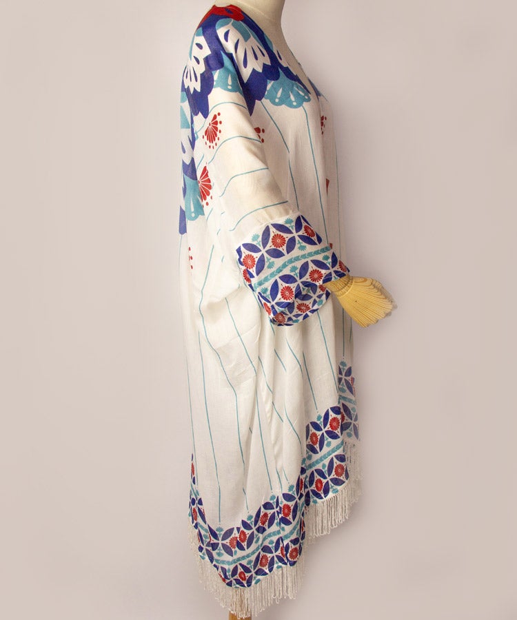 Violet Floral Print Fringe Boho Kimono Cardigan