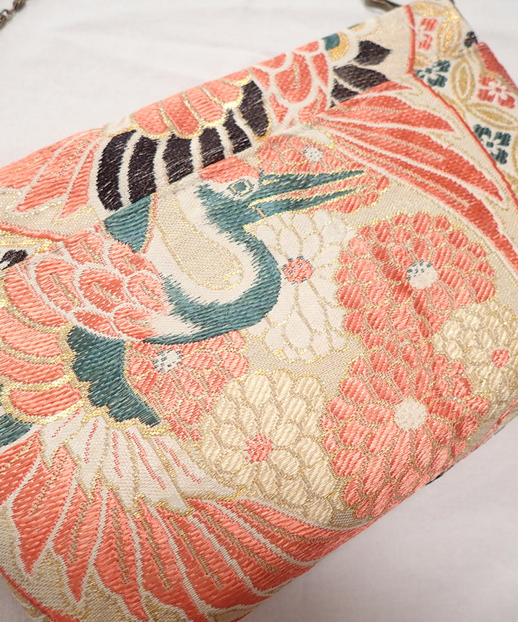 Vintage Kimono Obi Detachable Crossbody Bag / Orange & Green Bird Japanese Shoulder Bag