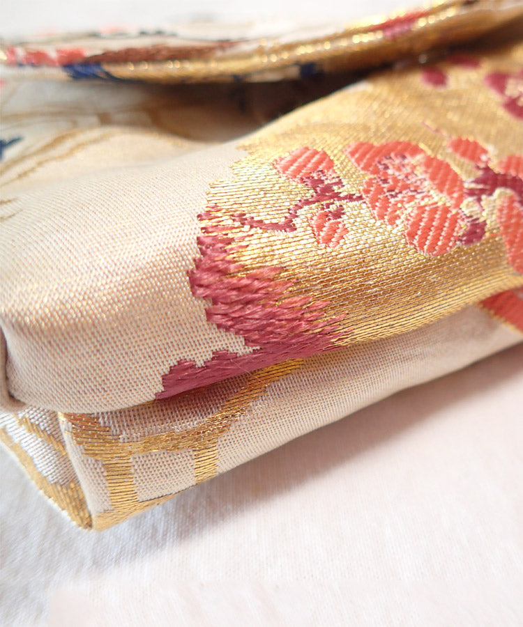 Beige Gold Vintage Kimono Obi Detachable Crossbody Bag / White Bird Japanese Shoulder Bag