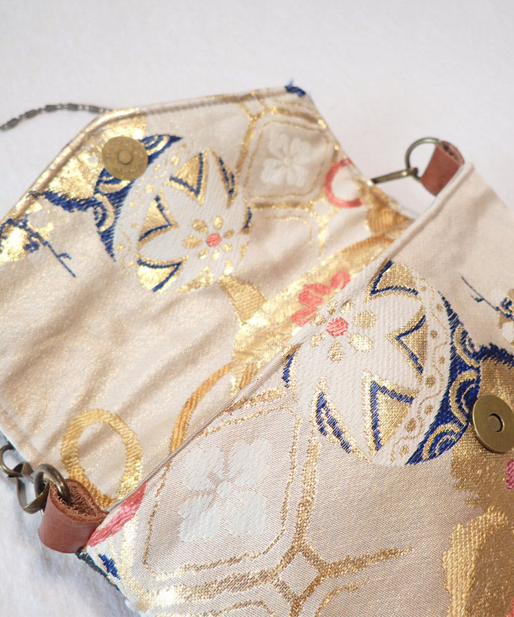 Beige Gold Vintage Kimono Obi Detachable Crossbody Bag / White Bird Japanese Shoulder Bag
