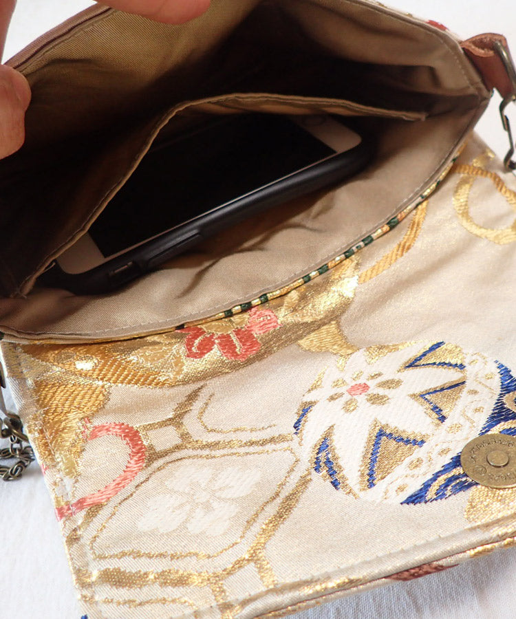 Beige Gold Vintage Kimono Obi Detachable Crossbody Bag / White Bird Japanese Shoulder Bag