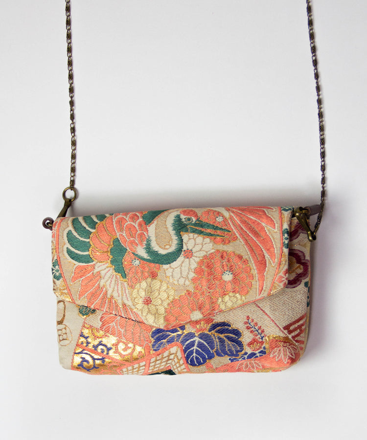 Vintage Kimono Obi Detachable Crossbody Bag / Orange & Green Bird Japanese Shoulder Bag