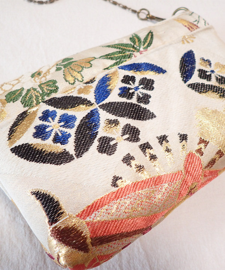 Beige Gold Vintage Kimono Obi Detachable Crossbody Bag / White Bird Japanese Shoulder Bag