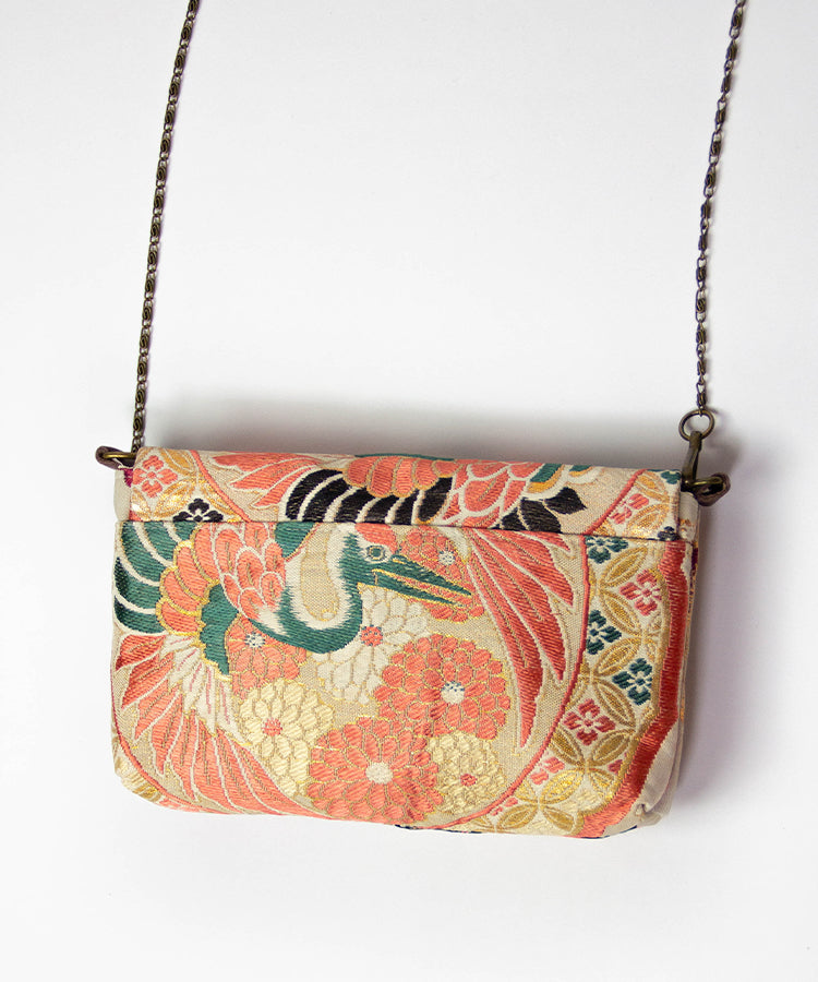 Vintage Kimono Obi Detachable Crossbody Bag / Orange & Green Bird Japanese Shoulder Bag