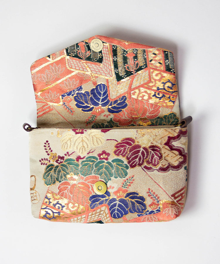 Vintage Kimono Obi Detachable Crossbody Bag / Orange & Green Bird Japanese Shoulder Bag