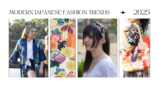 Model wearing a cherry blossom headband and Origami Crane Earrings inspired by Japanese traditional patterns
