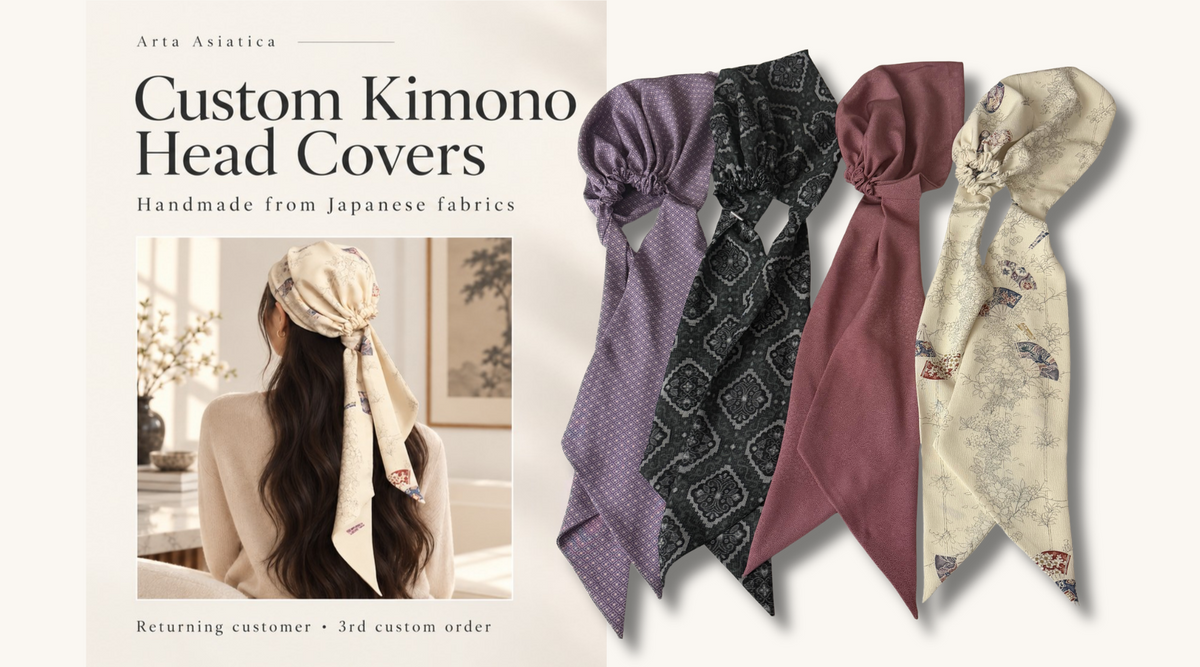 Four custom head covers handmade from Japanese kimono fabrics for a returning Arta Asiatica customer