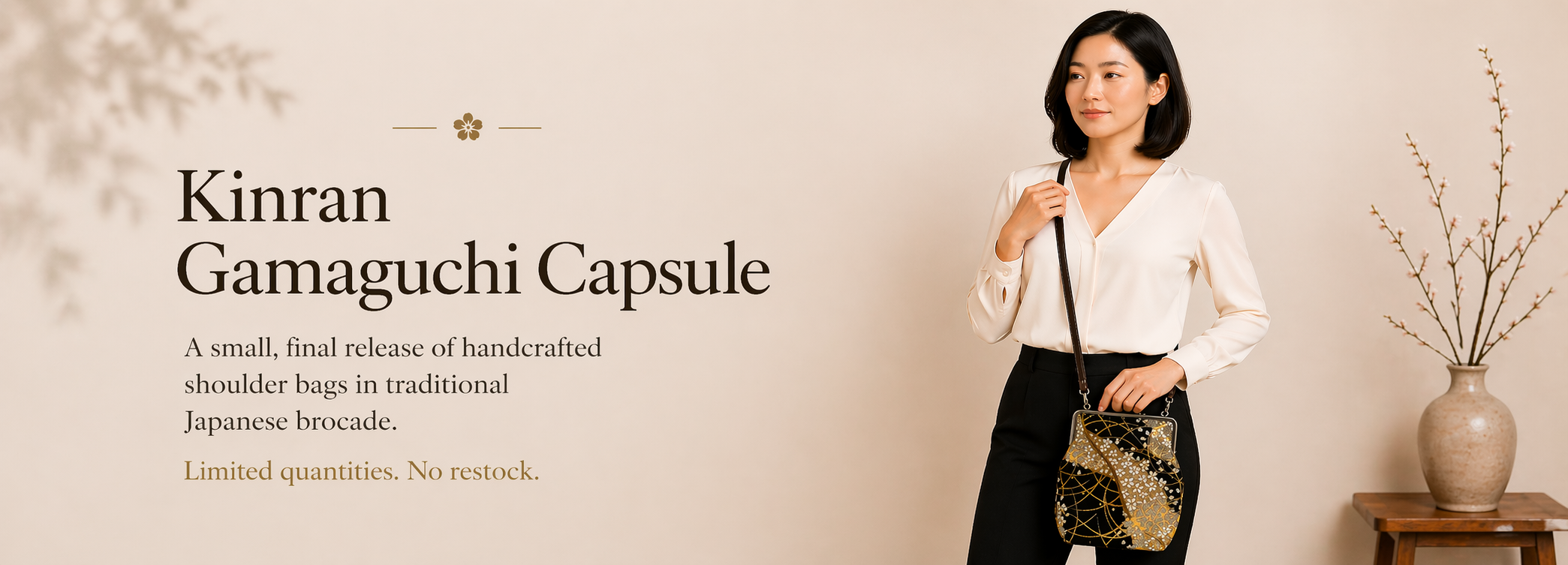 Woman holding a shoulder bag with text about Kinran Gamaguchi Capsule on a beige background