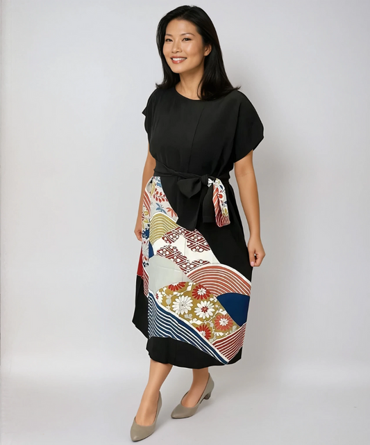 Upcycled Kimono Dress – Black & Multi-Patterned Silk Dress | Vintage Japanese Fashion | Handmade One-of-a-Kind Dress