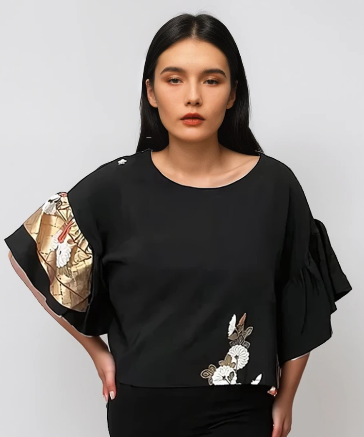 Upcycled Kimono Blouse – Black & Gold Silk Top with Flared Sleeves | Vintage Japanese Fashion | Elegant Loose-Fit Shirt