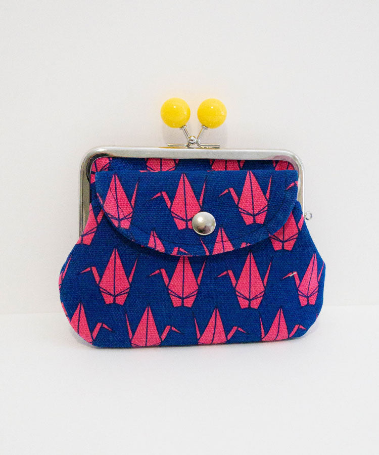 Crane Print Double Kiss Lock Coin Purse – Handmade Japanese Wallet with Outside Pocket