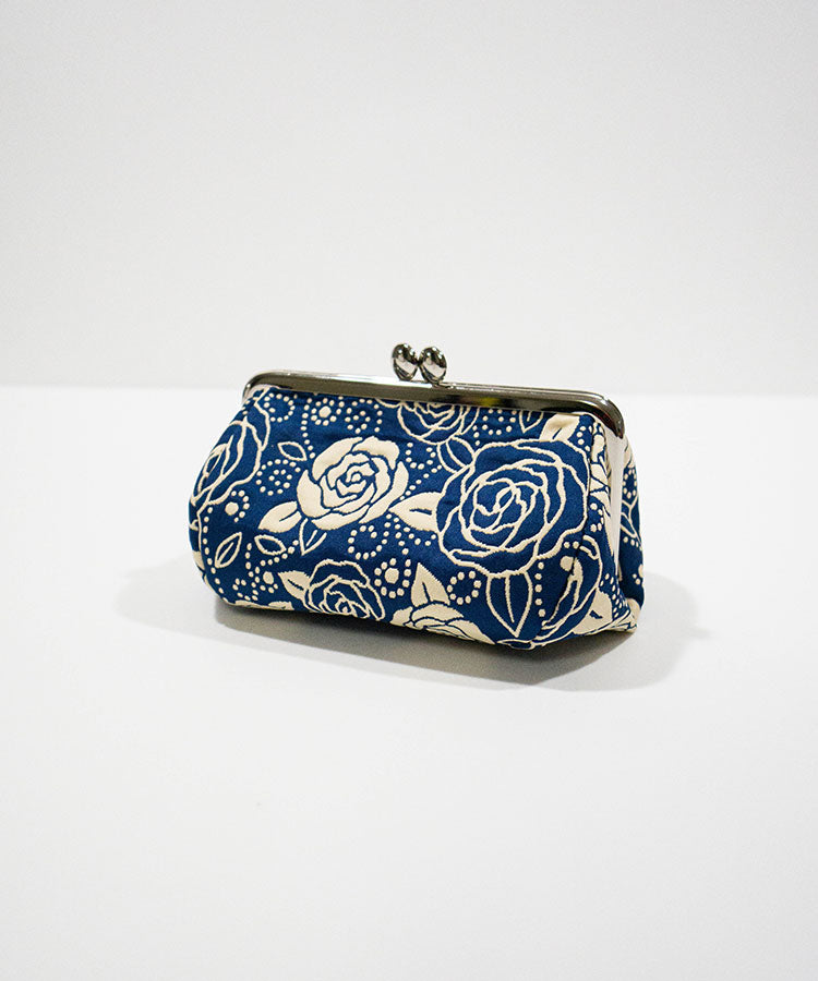 Light Beige Base with Blue Rose Weaved Metal Kiss Lock Purse / Gamaguchi Japanese Bags