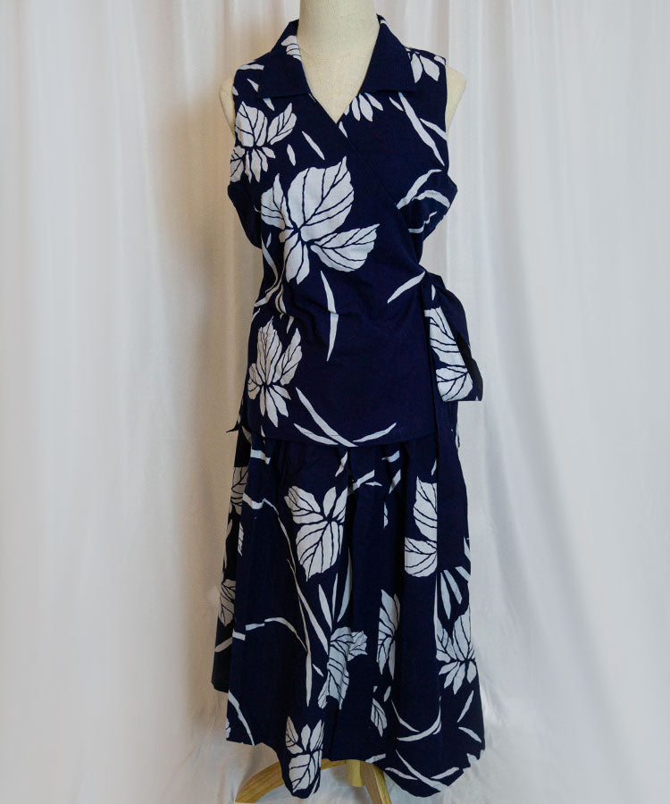 Upcycled Yukata Set – Indigo Floral Wrap Top & Skirt (Kanata Collaboration)