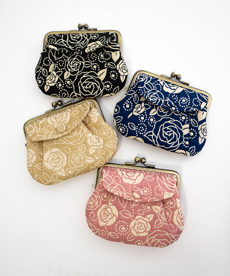 Rose Weave Double Kiss Lock Coin Purse – Handmade Japanese Gamaguchi Wallet with Outside Pocket (Kyoto)