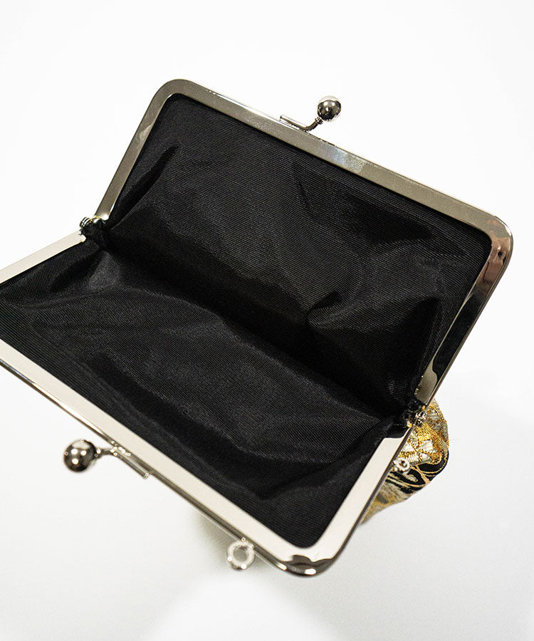 Night Sakura – Kinran Fabric Shoulder Gamaguchi Bag, Black & Gold Japanese Floral Purse