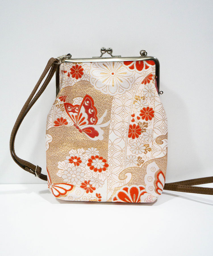 Crimson Butterfly – Kinran Fabric Shoulder Gamaguchi Bag, Red Floral Japanese Purse with Butterfly