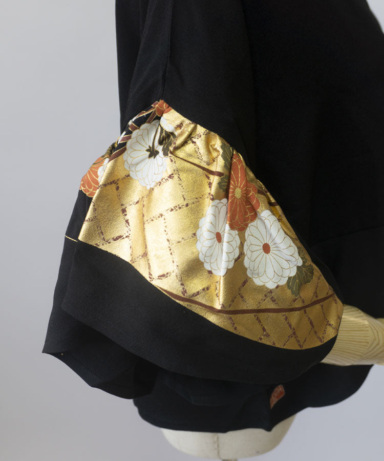 Upcycled Kimono Blouse – Black & Gold Silk Top with Flared Sleeves | Vintage Japanese Fashion | Elegant Loose-Fit Shirt