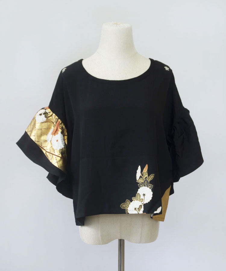 Upcycled Kimono Blouse – Black & Gold Silk Top with Flared Sleeves | Vintage Japanese Fashion | Elegant Loose-Fit Shirt