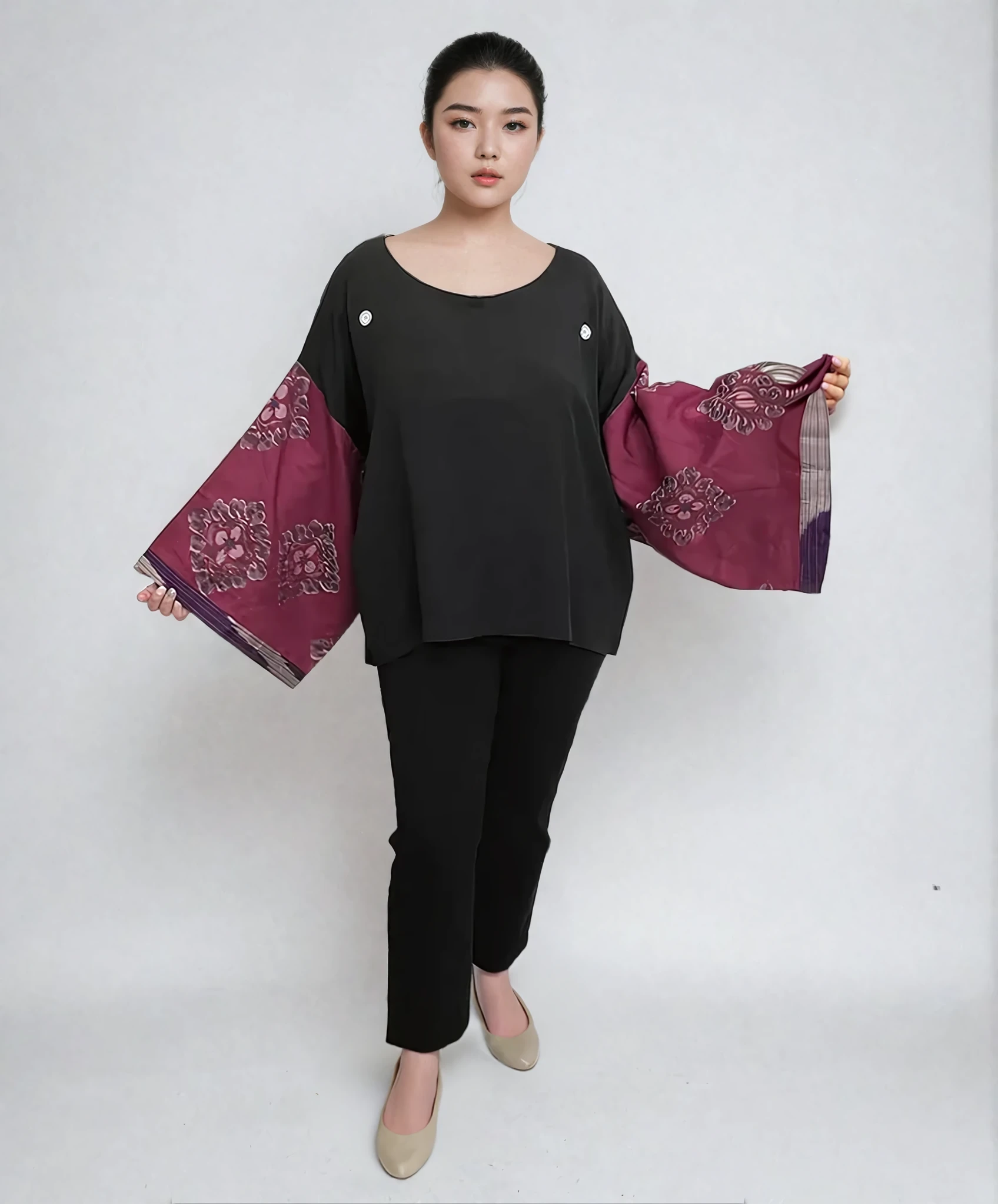 Sanmon Kurotome Meisen Long Sleeves Vintage Kimono Shirt
