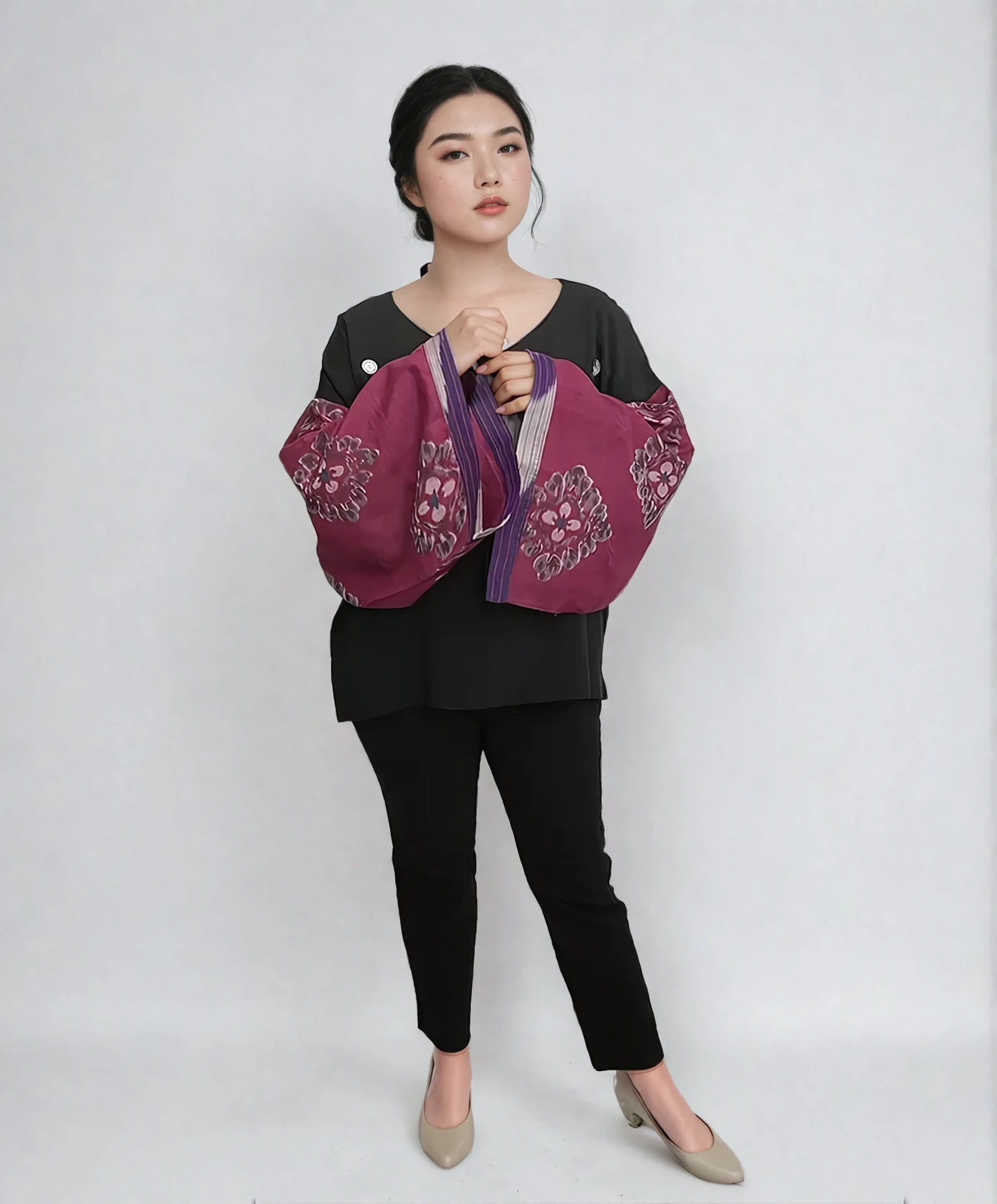 Sanmon Kurotome Meisen Long Sleeves Vintage Kimono Shirt