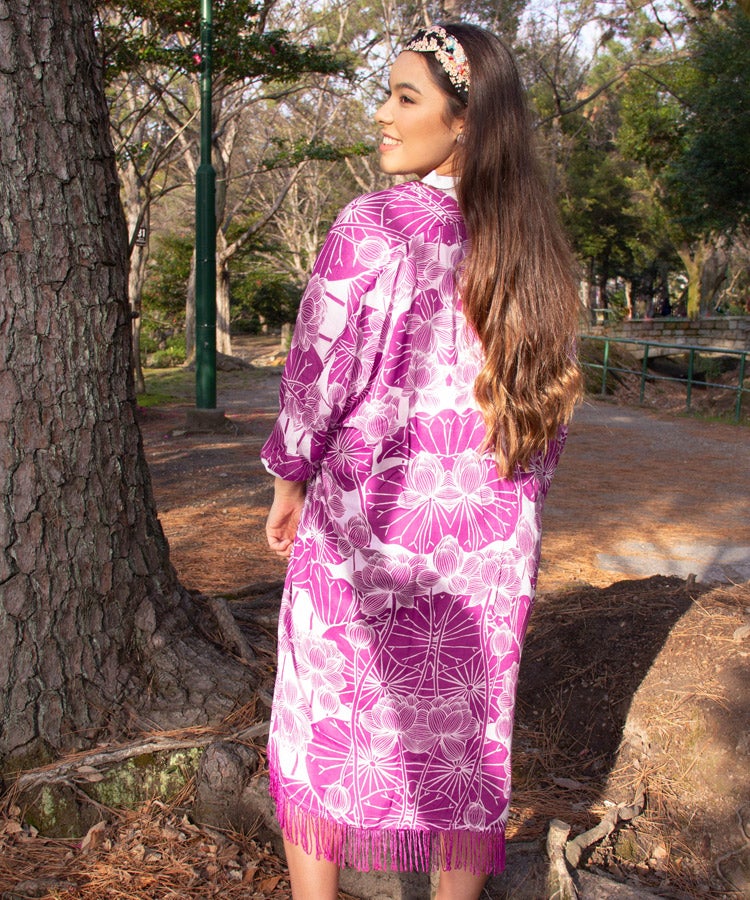 Blue Lotus Fringe Boho Kimono Cardigan
