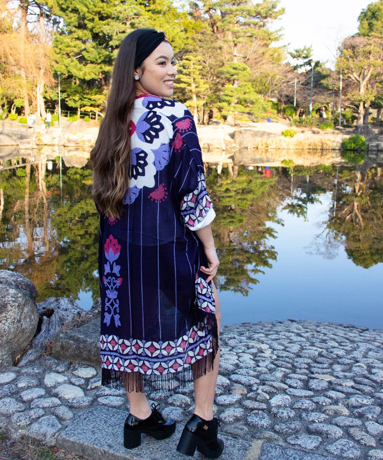 Violet Floral Print Fringe Boho Kimono Cardigan