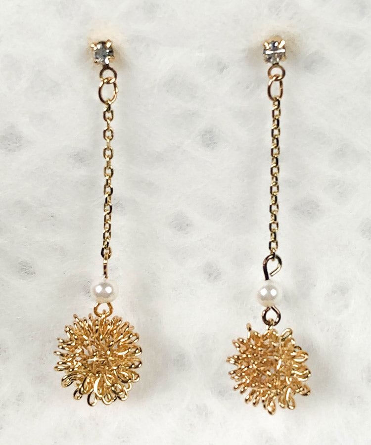 Chrysanthemum Drop Japanese Earrings With Pearl Beads