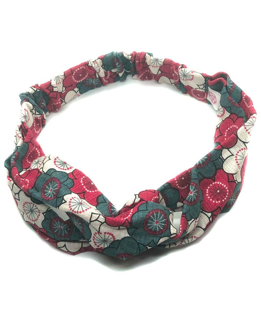 Red & Gray Green Plum Print Japanese Fabric headband / Cotton Fabric Headband