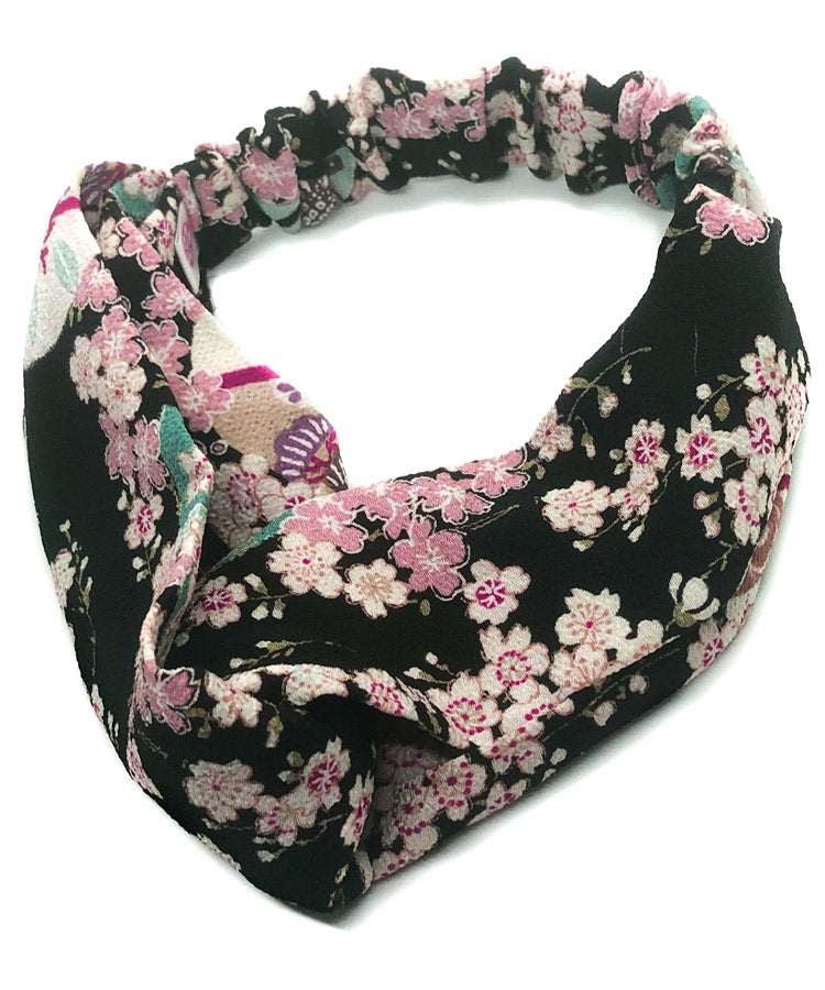 Black Cherry Blossom Japanese Headband, Black, Front side