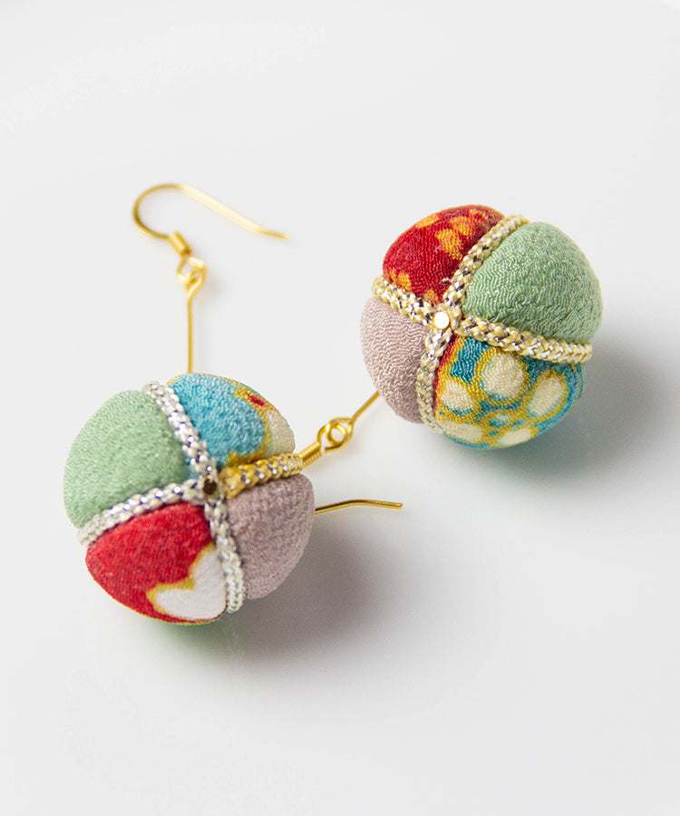 Black Temari Chirimen Japanese Earrings / High Quality Surgical Steel Hook Earrings
