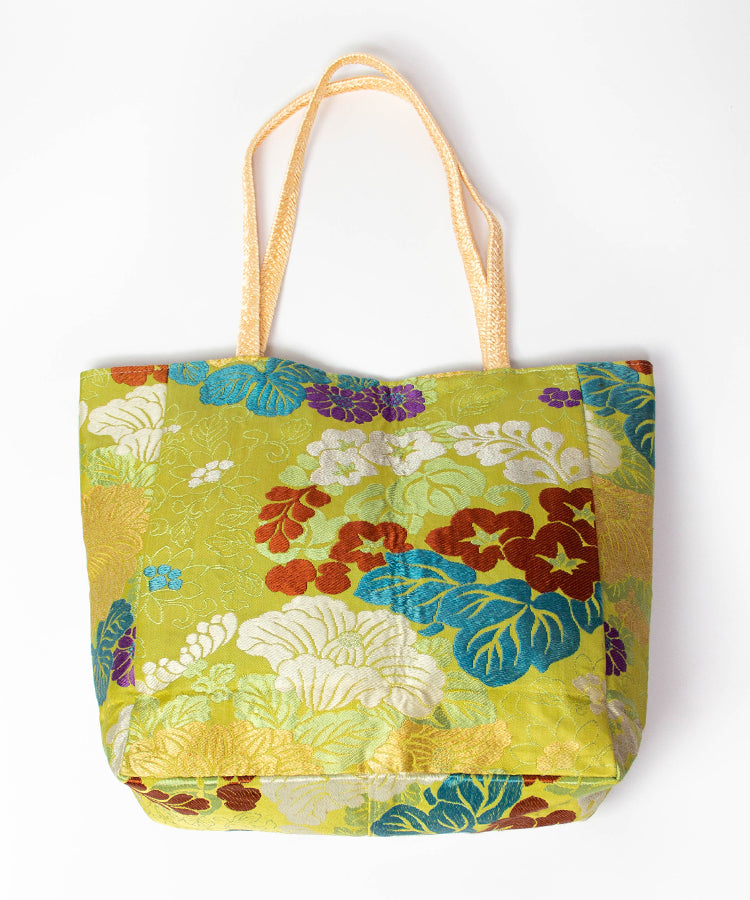 Yellow Green Base Japanese Tote Bag  / Vintage Kimono Obi Bag