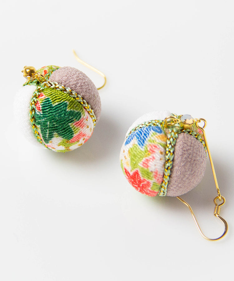Black Temari Chirimen Japanese Earrings / High Quality Surgical Steel Hook Earrings