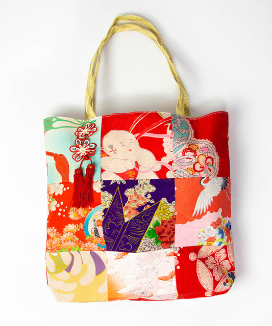 Yellow Green Base Japanese Tote Bag / Vintage Kimono Obi Bag